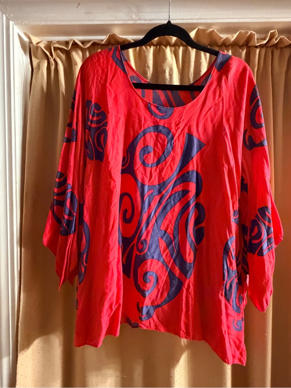 Red Swirl Print Blouse with Navy Accents - Women's Relaxed Top